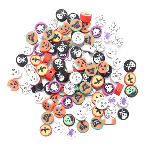 HIAKDOFT 100 Stück Halloween Polymer Clay Perlen Bunte DIY Schmuckperlen für Armbänder Halsketten Zubehör mit Verschiedenen Motiven zum Basteln und Schmuckherstellen von HIAKDOFT