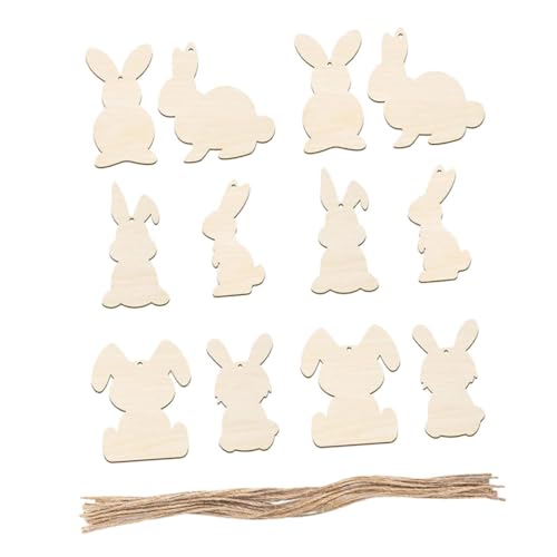 HIAKDOFT 12 Stück Teiliges Dekoset aus Naturbelassenen Holzscheiben mit Hasenform Polierte Unbemalte DIY Holzchips für Kreative Bastelprojekte Aufhängebändern für Osterparty und von HIAKDOFT