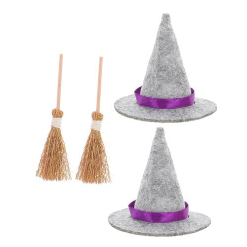 HIAKDOFT 2 Sätze Mini Hexenhut und Besen Set Teilig Halloween Deko für Puppenhaus Kleine Graue Hexenhüte und Naturbesen für Miniaturlandschaften und Gruselige Partydekorationen von HIAKDOFT