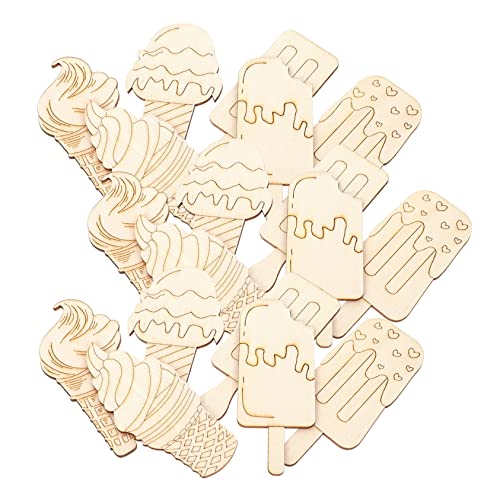 HIAKDOFT 30 Stück Teiliges Eiscreme Holzdekor zum Basteln Unbemalte DIY Eisausschnitte aus Holz Langlebige Sommer Bastelornamente für Sichere und Natürliche Holz Dekoration von HIAKDOFT