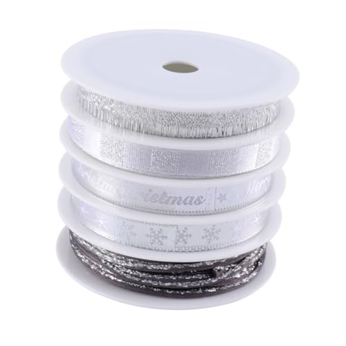 HIAKDOFT 5 Rollen Weihnachtsbänder Silber Geschenkband Dekoband mit Weihnachtsmotiv für Geschenkverpackung DIY Basteln Partydekoration von HIAKDOFT