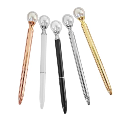 HIAKDOFT 5 Stück Teiliges Kugelschreiber mit Künstlicher Perlenverzierung Ergonomisch Metallisch Lackiert in Gold Silber Roségold Schwarz und Weiß Smudgefreie Kugelschreiber für Büro und von HIAKDOFT