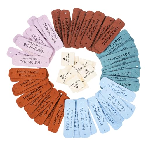 HIAKDOFT 60 Stück Näh Etiketten aus Leder und Stoff Handgeprägte Handmade Labels in Farben DIY Zubehör zum Annähen für Kleidung Taschen Schuhe Hüte Kreative Patchwork Verzierung von HIAKDOFT