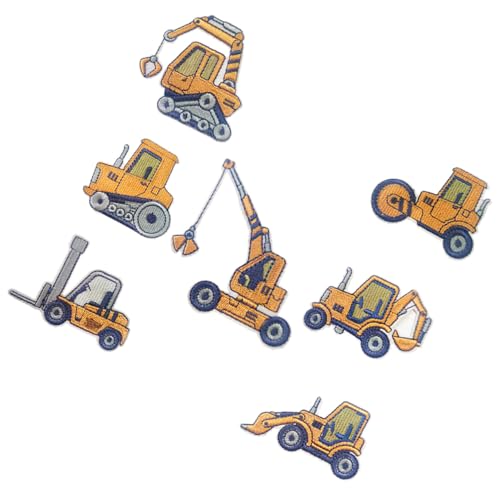 HIAKDOFT 7 Stück Teiliges Cartoon baufahrzeug Aufnäher zum Aufbügeln und Aufnähen Bestickte Kleidung Reparatur Applikationen für DIY Taschen Schuhe Hüte Vielseitige Textilpatches von HIAKDOFT