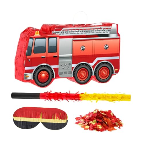 HIAKDOFT Feuerwehr Party Pinata mit Stab Augenbinde und Konfetti Farbenfrohe Feuerwehr Themen Dekoration für Kindergeburtstag Interaktives Zuckerspielzeug Einfache Aufhängung für Jungen von HIAKDOFT
