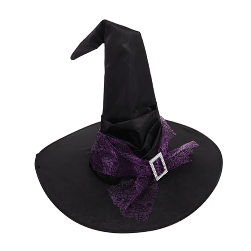 HIAKDOFT Halloween Hexenhut Damen Violett Rüschendetail Stern-mond Muster Atmungsaktives Spinnennetz Mesh Große Krempe Kostüm Party Masquerade Zubehör von HIAKDOFT