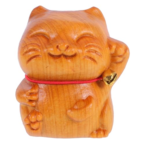 HIAKDOFT Handgeschnitzte Holzfigur Katze Maneki Neko Glücksbringer Für Heimdekoration Charmante Holzskulptur Für Katzenliebhaber Aus Zypressenholz Handgefertigt von HIAKDOFT