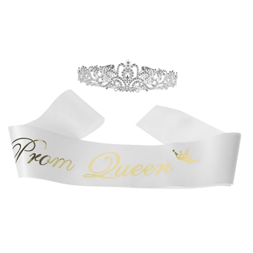 HIAKDOFT Prom Queen Set Weiß mit Strasskrone und Schärpe Graduation Party Dekoration Eleganter Kopfschmuck für Abschlussfeier Festliches Accessoire für Damen Prom Queen Sash von HIAKDOFT