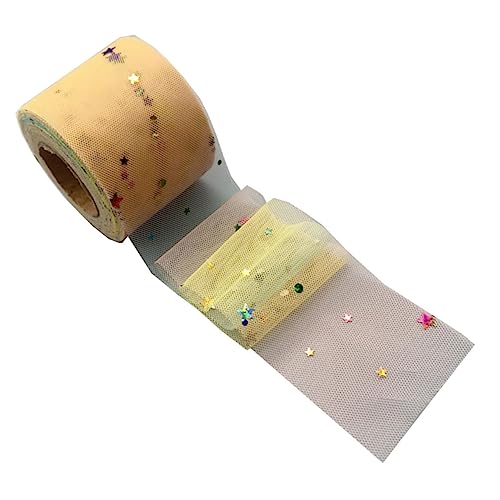 HIAKDOFT Regenbogen Netzband mit Stern Mond Pailletten Leichter DIY Chiffon Schleifenstoff für Kleidung Haarschmuck Basteln und Geschenkdekoration in Hellem Gelb von HIAKDOFT