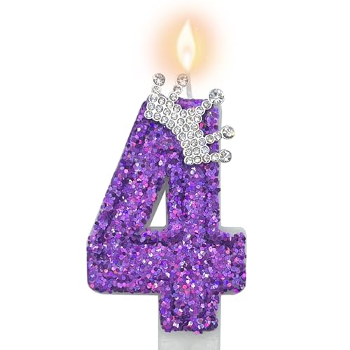 Purple Number 4 Birthday Candle, 4th Birthday Party Purple Theme Decorations Supplies, 3D Crown Designed Glitter Purple Number Candles for Birthday Cake Topper Decorations (4 Candle Purple) von HIBILDER