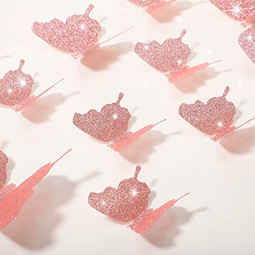 36 Stücke DIY Glitzer Schmetterling Kombination 3D Schmetterling Wandaufkleber Abziehbilder Haus Dekoration (Glitzer Rosa) von HICARER