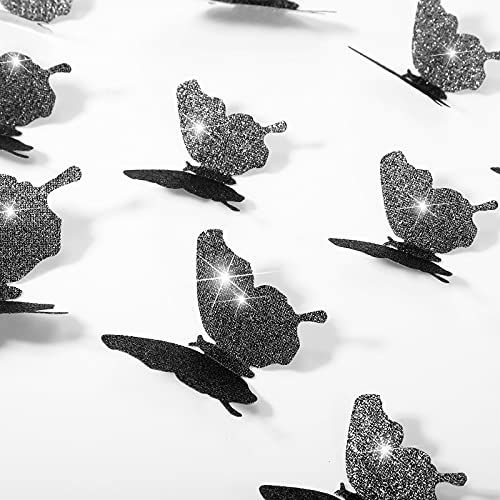 36 Stücke DIY Glitzer Schmetterling Kombination 3D Schmetterling Wandaufkleber Abziehbilder Haus Dekoration (Glitzer Schwarz) von HICARER