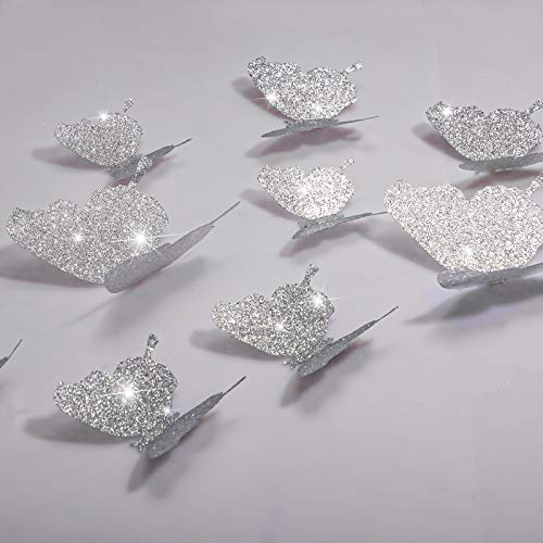 36 Stücke DIY Glitzer Schmetterling Kombination 3D Schmetterling Wandaufkleber Abziehbilder Haus Dekoration (Glitzer Silber) von HICARER