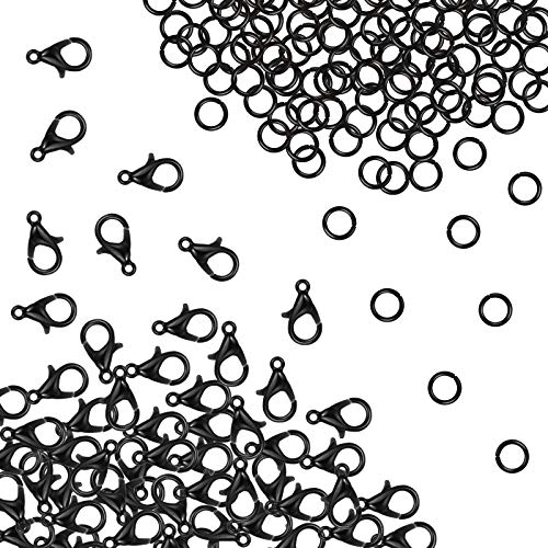 400 Stück Karabinerverschlüsse mit offenen Biegeringe Set, 12mm Karabinerverschlüsse Halskettenverschlüsse Haken und 5mm Biegeringe für DIY Armband Halskette Schmuckherstellung (Schwarz) von HICARER