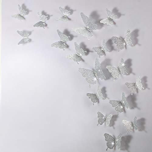 48 Stücke DIY Glitzer Schmetterling Kombination 3D Schmetterling Wandaufkleber Abziehbilder Haus Dekoration (Glitzer Silber) von HICARER