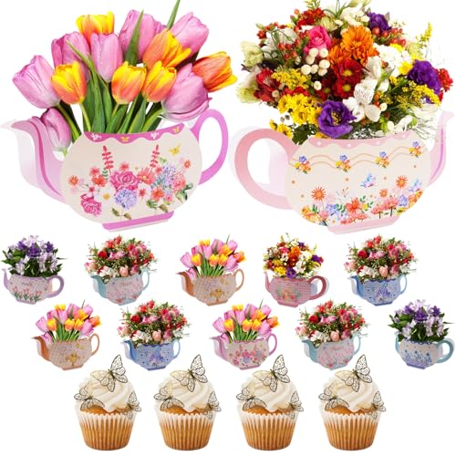 HICOHAND Blumen-Teekannen-Boxen, 12 Stück Teeparty-Dekorationen, florale Teekanne, Mittelstück und 12 Stück goldene Schmetterling-Kuchendekorationen für Geburtstag, Garten, Themenparty von HICOHAND