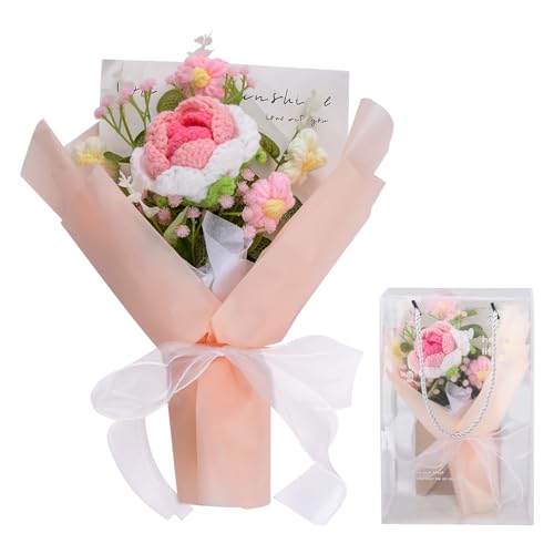 HICOHAND Handgehäkelter Blumenstrauß, 1 Packung Strickblume Künstliches Baumwollgarn Gestrickte Blumen Blumenstrauß mit Karte Platzhalter für Home Decor Mutter Vater Lehrer Geschenk (Rosa Rose) von HICOHAND