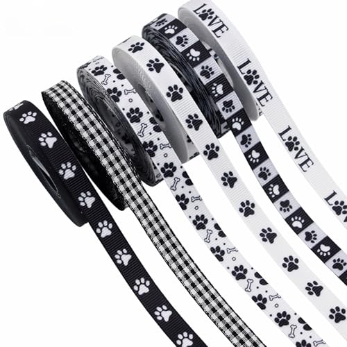 HICOHAND Schleifenband mit Pfotenabdruck, 6 Rollen, 27,7 m, Pfotenband-Set, schwarzes und weißes Satin, dekoratives Ripsband zum Basteln, für Geschenke, Geschenkverpackungen HICOHAND Schleifenband mit Pfotenabdruck, 6 Rollen, 27,7 m, Pfotenband-Set, schwarzes und weißes Satin, dekoratives Ripsband zum Basteln, für Geschenke, Geschenkverpackungen von HICOHAND