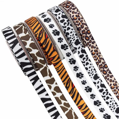 HICOHAND Schleifenband mit Tierdruck, 6 Rollen, 27,7 m, Dschungeltier-Band-Set, Kuh, Zebra, Leopardenmuster, dekoratives Ripsband zum Basteln, für Geschenke, Geschenkverpackungen HICOHAND Schleifenband mit Tierdruck, 6 Rollen, 27,7 m, Dschungeltier-Band-Set, Kuh, Zebra, Leopardenmuster, dekoratives Ripsband zum Basteln, für Geschenke, Geschenkverpackungen von HICOHAND