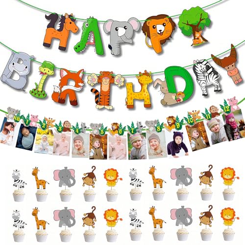 HICOHAND Tier-Geburtstags-Fotobanner-Set, Dschungeltier-Happy Birthday & Foto-Banner mit 10 niedlichen Tier-Cupcake-Topper-Dekorationen für Partyzubehör HICOHAND Tier-Geburtstags-Fotobanner-Set, Dschungeltier-Happy Birthday & Foto-Banner mit 10 niedlichen Tier-Cupcake-Topper-Dekorationen für Partyzubehör von HICOHAND