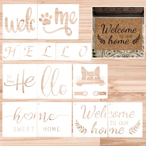 HICOHAND Willkommensschablonen zum Malen, 6 Set große Welcome Home Vorlagen Wiederverwendbare PET Katze Vorlage Schablone zum Zeichnen auf Holz Wand Fußmatte Stoff Kreidetafel Schild von HICOHAND