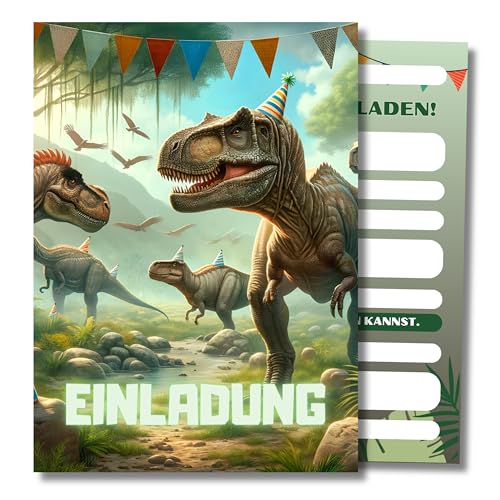 HIDEBLOOM I Dino Einladungskarten Kindergeburtstag Jungen I 12 Stück I DIN A6 (10,5 cm x 14,8 cm) I Einladung Geburtstag I Kinderparty I Dinosaurier Einladungskarten I Teens I Postkarten Kinder von HIDEBLOOM