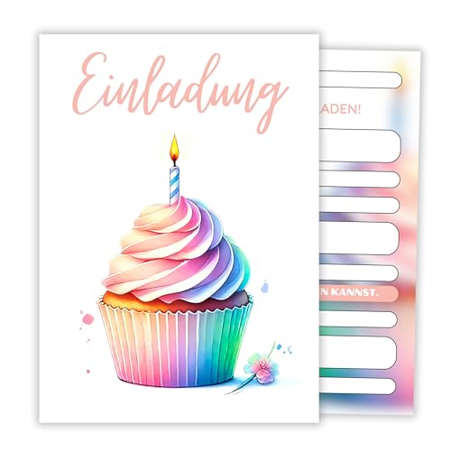 HIDEBLOOM I Cupcake Einladungskarten Kindergeburtstag Mädchen I 12 Stück I DIN A6 (10,5 cm x 14,8 cm) I Einladungskarten Mädchen Geburtstag I Kinderparty I Geburtstagseinladungen Mädchen von HIDEBLOOM