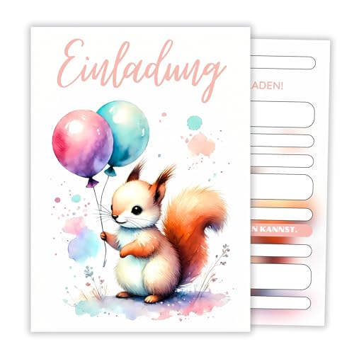 HIDEBLOOM I Eichhörnchen Einladungskarten Kindergeburtstag Mädchen I 12 Stück I DIN A6 (10,5 cm x 14,8 cm) I Einladungskarten Mädchen Geburtstag I Kinderparty I Geburtstagseinladungen Mädchen von HIDEBLOOM