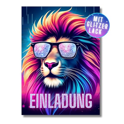 HIDEBLOOM I Glitzer Einladungskarten Kindergeburtstag Löwe I 12 Stück I DIN A6 (10,5 cm x 14,8 cm) I Einladung Geburtstag I Kinderparty I Einladungskarten Teenager Mädchen I Postkarten Kinder von HIDEBLOOM