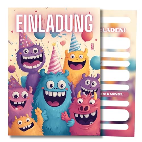 HIDEBLOOM Monster Einladungskarten Kindergeburtstag Mädchen und Junge I 12 Stück I DIN A6 (10,5 cm x 14,8 cm) I Einladung Monsterparty Kinder Geburtstagseinladungen I Einladungen Geburtstag Monster von HIDEBLOOM