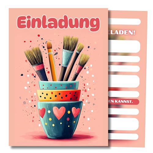 HIDEBLOOM I Einladungskarten Kindergeburtstag Pinsel Mädchen I 12 Stück I DIN A6 (10,5 cm x 14,8 cm) I Einladung Geburtstag kreativ Malen Basteln I Mädchen und Jungen I Einladungskarte Teenager Kinder von HIDEBLOOM