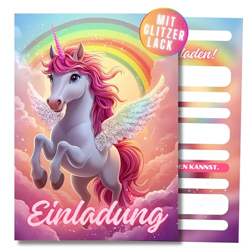 HIDEBLOOM I GLITZER Einhorn Einladungskarten Kindergeburtstag Mädchen I 12 Stück I DIN A6 (10,5 cm x 14,8 cm) I Einladung Geburtstag I Kinderparty I Geburtstagseinladungen Kinder Pferde Regenbogen von HIDEBLOOM
