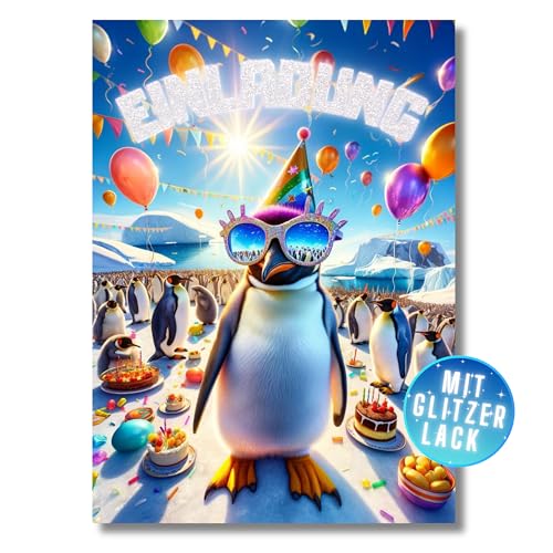 HIDEBLOOM Pinguin Glitzer Einladungskarten Kindergeburtstag Mädchen und Junge I 12 Stück I DIN A6 I Geburtstags-Einladung mit Glitzerlack I Einladung Kinderparty I Glitzer Einladungskarten Pinguin von HIDEBLOOM