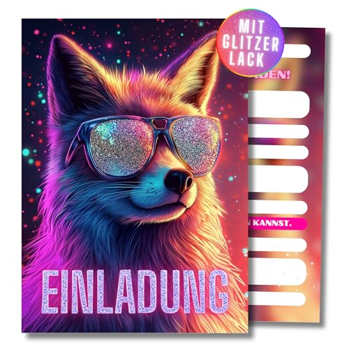 HIDEBLOOM I GLITZER Fuchs Einladungskarten Kindergeburtstag Mädchen I 12 Stück I DIN A6 (10,5 cm x 14,8 cm) I Einladung Geburtstag Tiere I Geburtstagseinladungen Kinder Fuchs mit Sonnenbrille von HIDEBLOOM