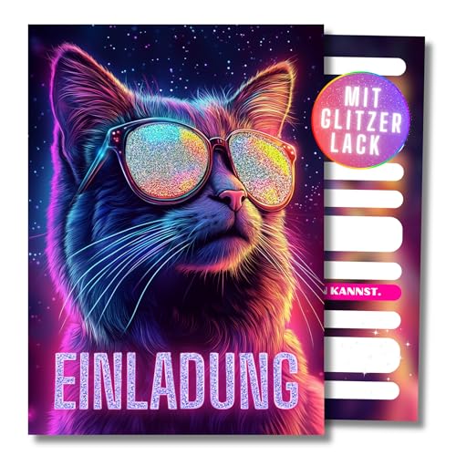 HIDEBLOOM I GLITZER Katze Einladungskarten Kindergeburtstag Mädchen I 12 Stück I DIN A6 (10,5 cm x 14,8 cm) I Einladung Geburtstag Tiere I Geburtstagseinladungen Kinder Katze mit Sonnenbrille von HIDEBLOOM