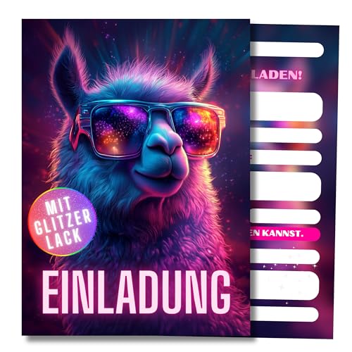 HIDEBLOOM I GLITZER Lama Einladungskarten Kindergeburtstag Mädchen I 12 Stück I DIN A6 (10,5 cm x 14,8 cm) I Einladung Geburtstag Tiere I Geburtstagseinladungen Kinder Alpaka mit Sonnenbrille von HIDEBLOOM