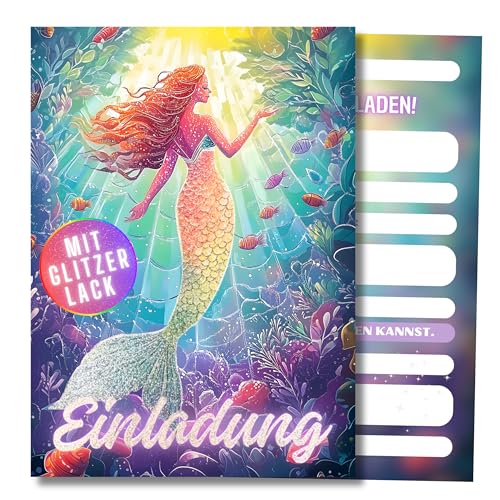 HIDEBLOOM GLITZER Meerjungfrau Einladungskarten Kindergeburtstag Mädchen I 12 Stück I DIN A6 (10,5 cm x 14,8 cm) I Einladung Geburtstag I Kinderparty I Geburtstag-Einladungen Meerjungfrau von HIDEBLOOM