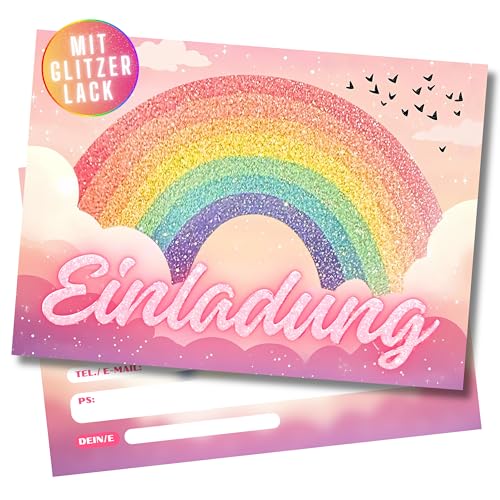 HIDEBLOOM GLITZER Regenbogen Einladungskarten Kindergeburtstag Mädchen I 12 Stück I DIN A6 (10,5 cm x 14,8 cm) I Regenbogen Einladungskarten Kinder I Geburtstag-Einladungen Regenbogen mit Vögeln von HIDEBLOOM