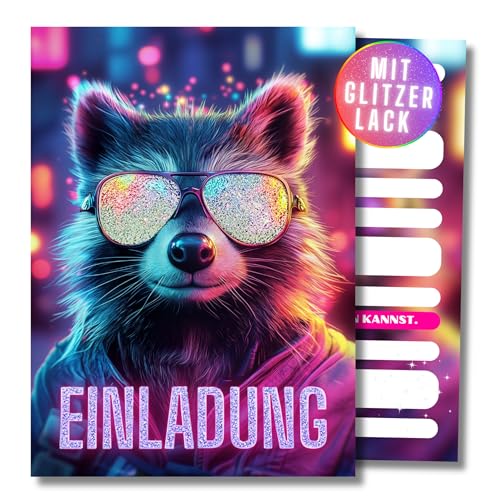 HIDEBLOOM I GLITZER Waschbär Einladungskarten Kindergeburtstag Mädchen I 12 Stück I DIN A6 (10,5 cm x 14,8 cm) I Einladung Geburtstag Tiere I Geburtstagseinladungen Kinder Waschbär mit Sonnenbrille von HIDEBLOOM