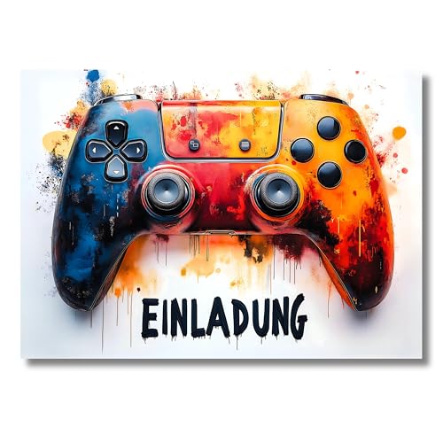 HIDEBLOOM Gaming Einladungskarten Kindergeburtstag Junge I 12 Stück I DIN A6 (10,5 cm x 14,8 cm) I Gaming Einladung Geburtstag Kinder I Einladungskarte Teenager I Einladungen Controller Gaming Party von HIDEBLOOM
