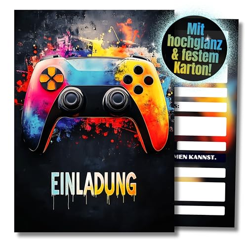 HIDEBLOOM I Gaming Einladungskarten Kindergeburtstag Junge I 12 Stück I DIN A6 (10,5 cm x 14,8 cm) I Gaming Einladung Geburtstag I Jungen Mädchen I Einladungskarte Teenager I Gaming Party Controller von HIDEBLOOM