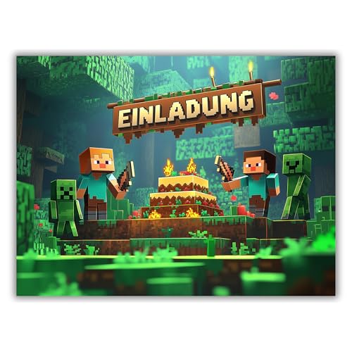 HIDEBLOOM I Gaming Einladungskarten Kindergeburtstag Junge Mädchen I 12 Stück I DIN A6 (10,5 cm x 14,8 cm) I Gaming Einladung Geburtstag I Jungen Mädchen I Einladungskarte Teenager I Pixelmotiv von HIDEBLOOM