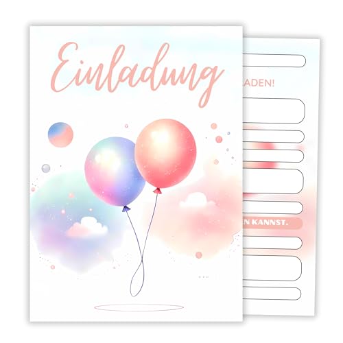 HIDEBLOOM I Luftballon Einladungskarten Kindergeburtstag Mädchen I 12 Stück I DIN A6 (10,5 cm x 14,8 cm) I Einladungskarten Mädchen Geburtstag I Kinderparty I Geburtstagseinladungen Mädchen von HIDEBLOOM