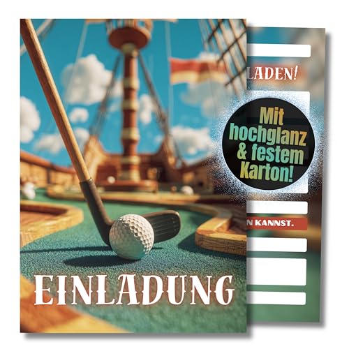 HIDEBLOOM I Minigolf Einladungskarten I Kindergeburtstag Jungen Mädchen I 12 Stück I DIN A6 (10,5 cm x 14,8 cm) I Einladung Geburtstag I Einladungskarte Teenager I Golf Pirat Piratenschiff von HIDEBLOOM