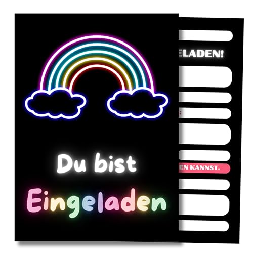 HIDEBLOOM I Neon Regenbogen Einladungskarten Kindergeburtstag Mädchen Jungen I 12 Stück I DIN A6 (10,5 cm x 14,8 cm) I Neon Rainbow Einladung Geburtstag I Kinderparty I Geburtstagseinladungen Kinder von HIDEBLOOM