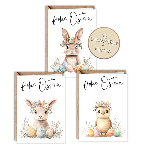 HIDEBLOOM I Osterkarten Klappkarten Set Osterhase mit Umschlag I 12 Stück I DIN A6 (10,5 cm x 14,8 cm) I Osterkarten Set mit Umschlägen I Ostereier Osterhase Küken Lamm I Grußkarten Ostern Postkarte von HIDEBLOOM