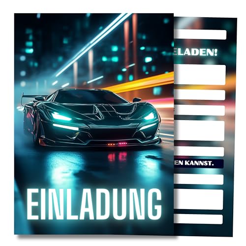 HIDEBLOOM I Racing Einladungskarten Geburtstag Jungen I 12 Stück I DIN A6 (10,5 cm x 14,8 cm) I Einladung Kindergeburtstag I Kinderparty I Einladungskarten Kart I Teens I Postkarten Auto Rennwagen von HIDEBLOOM