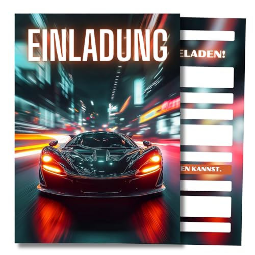 HIDEBLOOM I Racing Einladungskarten Geburtstag Jungen I 12 Stück I DIN A6 (10,5 cm x 14,8 cm) I Einladung Kindergeburtstag I Kinderparty I Einladungskarten Kart I Teens I Postkarten Auto Rennwagen von HIDEBLOOM