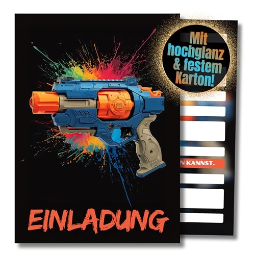 HIDEBLOOM I Toy Gun Einladungskarten I Kindergeburtstag Jungen I 12 Stück I DIN A6 (10,5 cm x 14,8 cm) I Einladung Geburtstag I Einladungskarte Teenager I von HIDEBLOOM