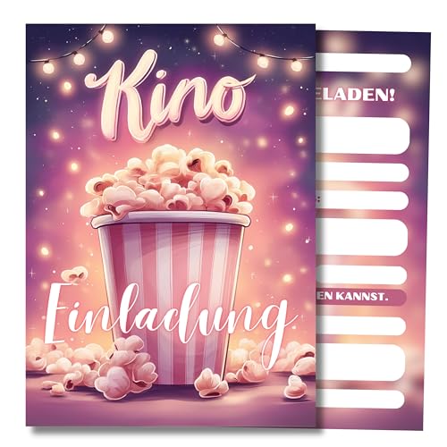 HIDEBLOOM Kino Einladungskarten Kindergeburtstag Mädchen I 12 Stück I DIN A6 (10,5 cm x 14,8 cm) I Einladung Cinema Kinder I Einladung Geburtstag Popcorn I Einladungen Kino Party von HIDEBLOOM